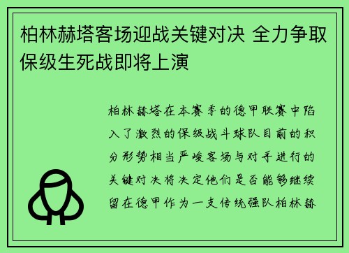 柏林赫塔客场迎战关键对决 全力争取保级生死战即将上演