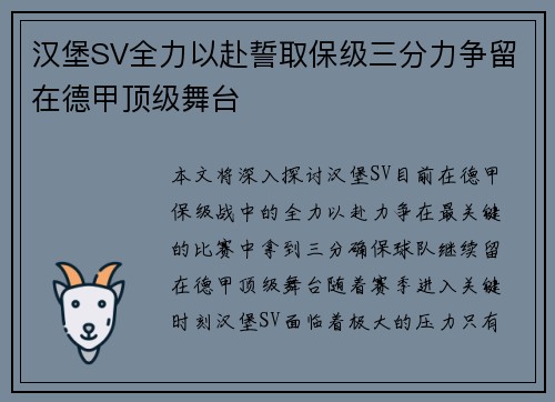 汉堡SV全力以赴誓取保级三分力争留在德甲顶级舞台